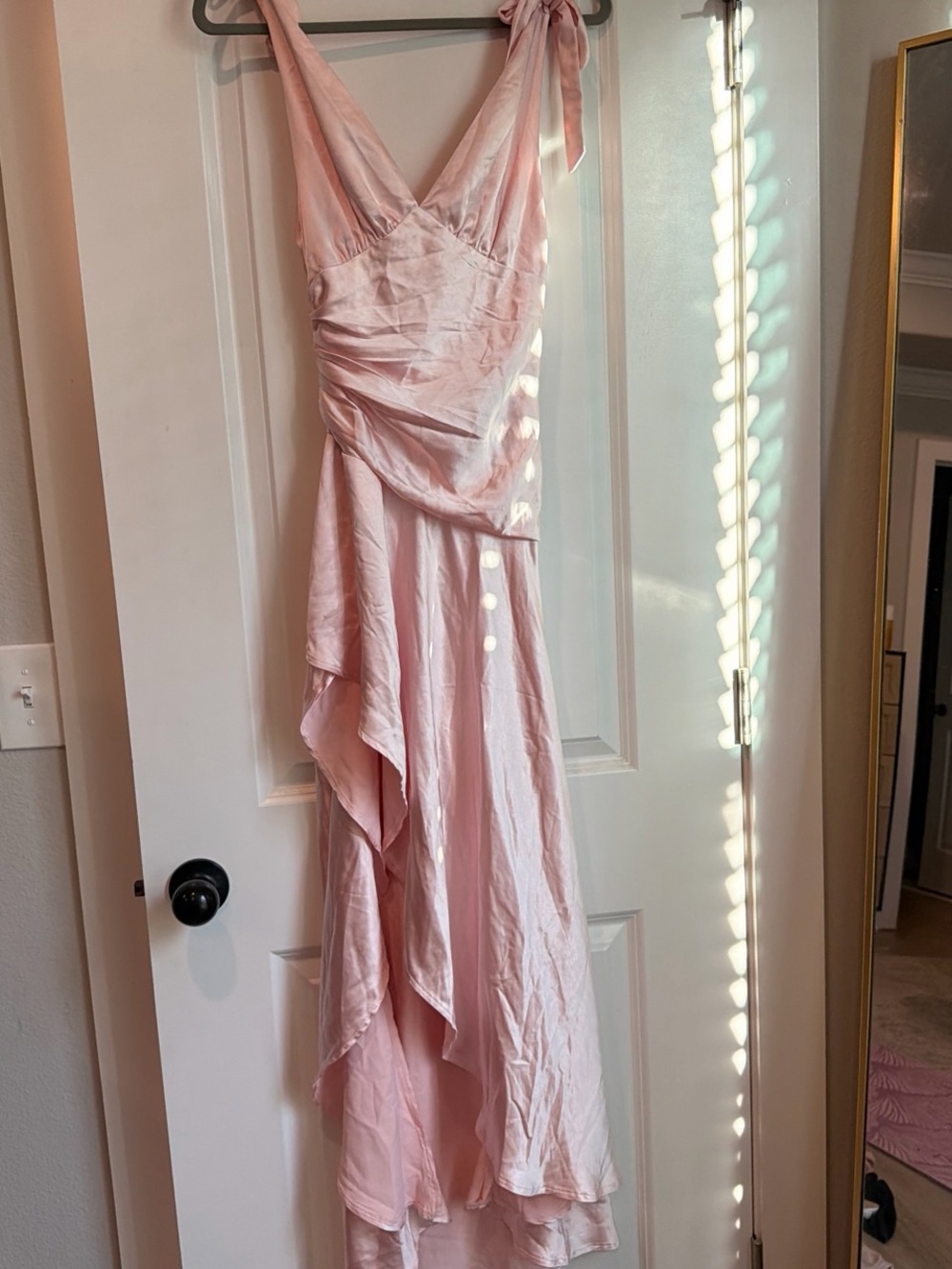 Selfie Leslie Pink Asymmetrical V-Neck Tie-Shoulder Dress